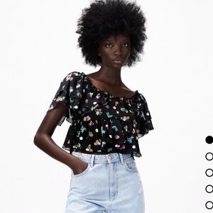 Zara Ruffled Babydoll Cropped Blouse with Floral Fruit Print